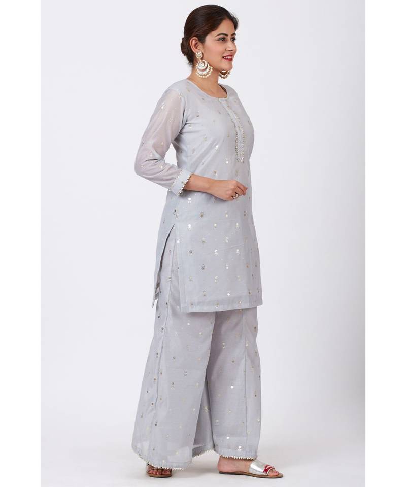 Magical Gray Foil Printed Kurti with Flared Palazzo