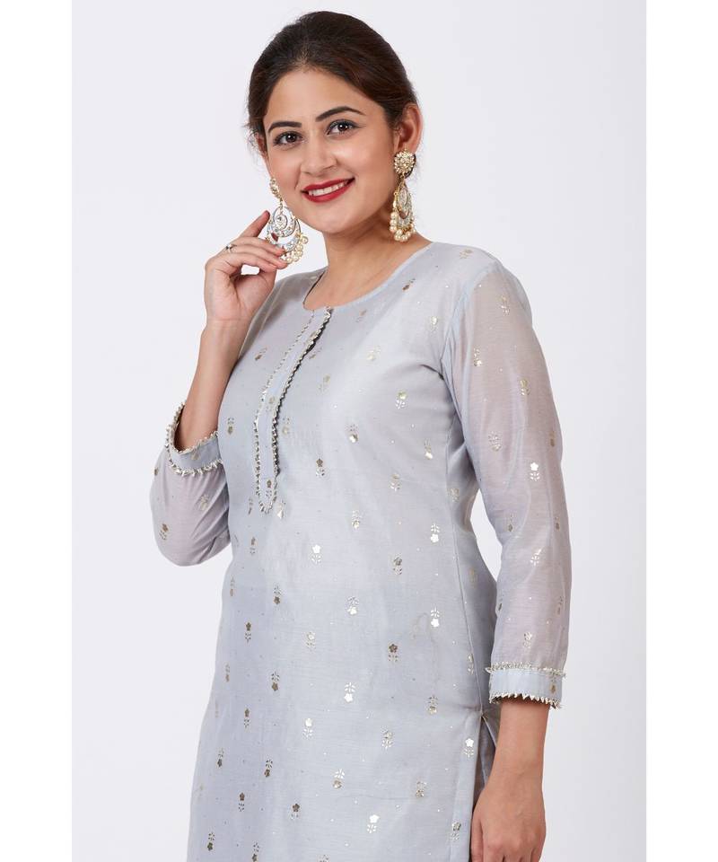 Magical Gray Foil Printed Kurti with Flared Palazzo