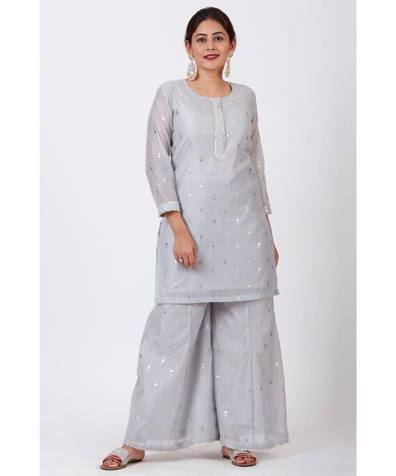Magical Gray Foil Printed Kurti with Flared Palazzo