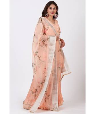 Apricot Printed Organza kurti With Crushed Ghararas with Printed Apricot Organza Dupatta 1