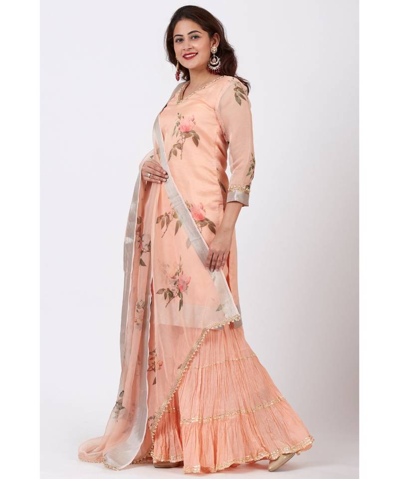 Apricot Printed Organza kurti With Crushed Ghararas with Printed Apricot Organza Dupatta