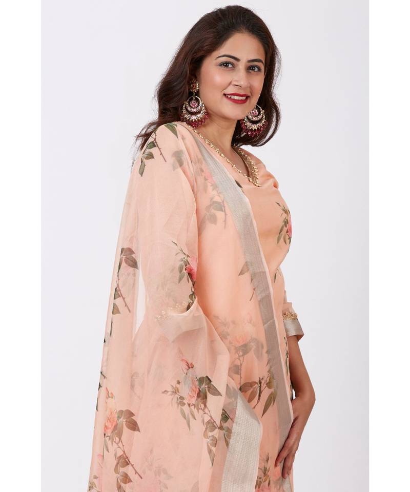 Apricot Printed Organza kurti With Crushed Ghararas with Printed Apricot Organza Dupatta