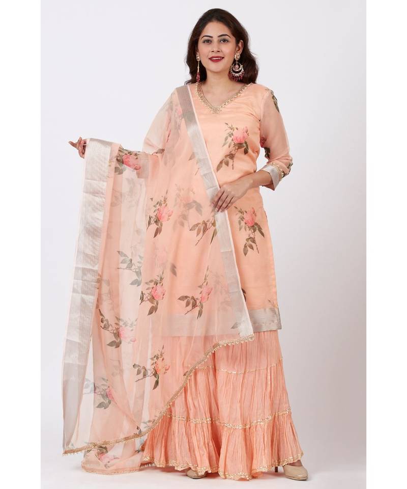 Apricot Printed Organza kurti With Crushed Ghararas with Printed Apricot Organza Dupatta