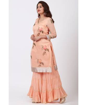 Apricot Printed Organza kurti With Crushed Ghararas 1