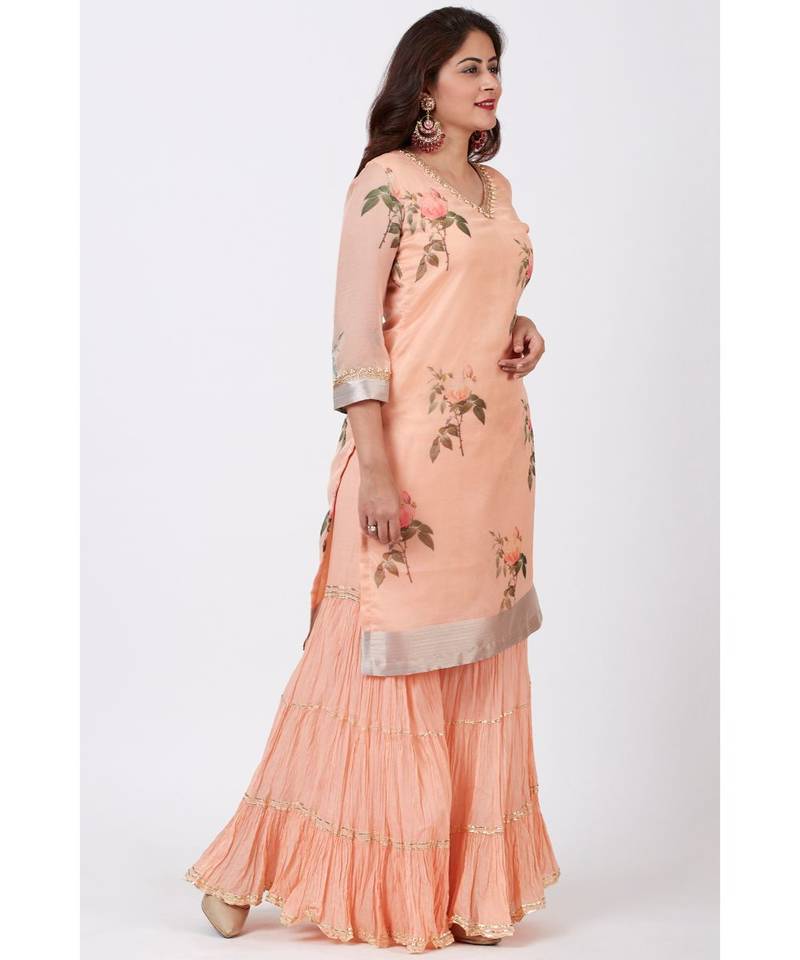 Apricot Printed Organza kurti With Crushed Ghararas