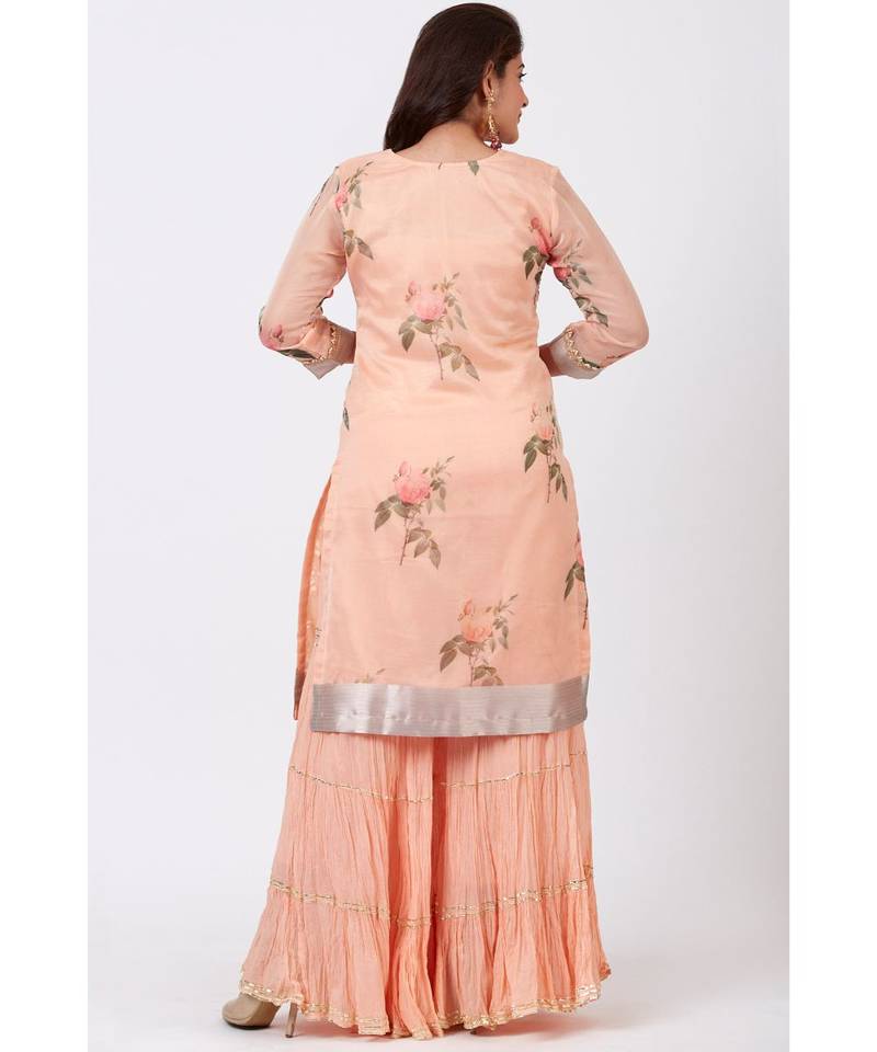 Apricot Printed Organza kurti With Crushed Ghararas