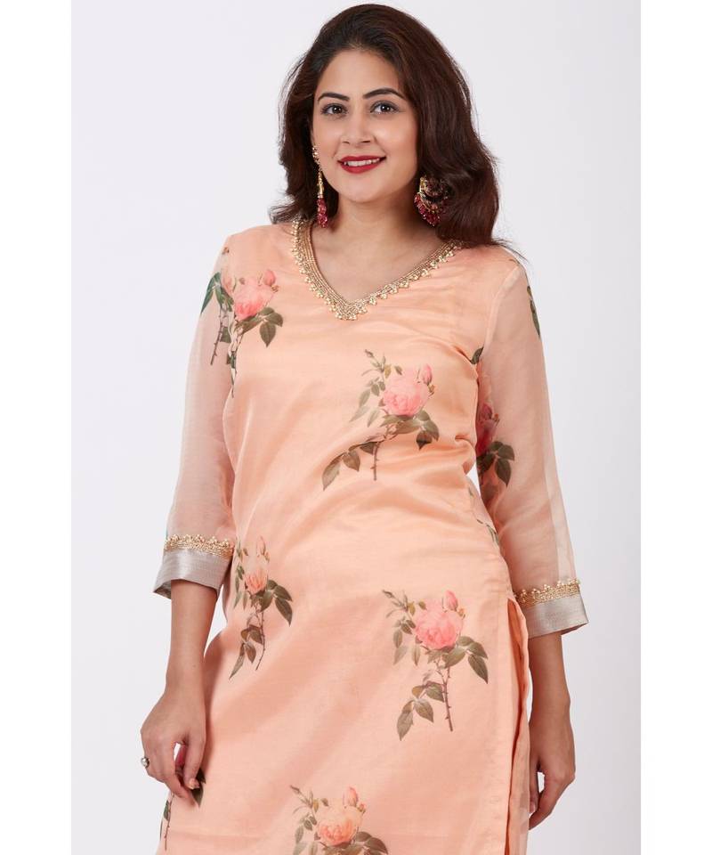 Apricot Printed Organza kurti With Crushed Ghararas