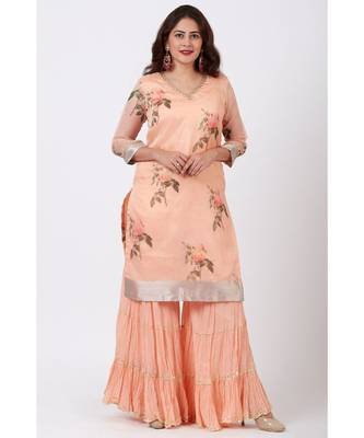 Apricot Printed Organza kurti With Crushed Ghararas 5