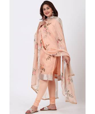 Apricot Printed Straight Kurti With churidar and Printed Organza Dupatta 1