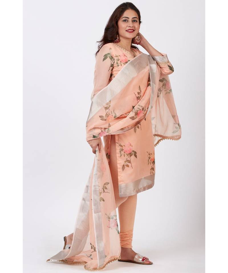 Apricot Printed Straight Kurti With churidar and Printed Organza Dupatta