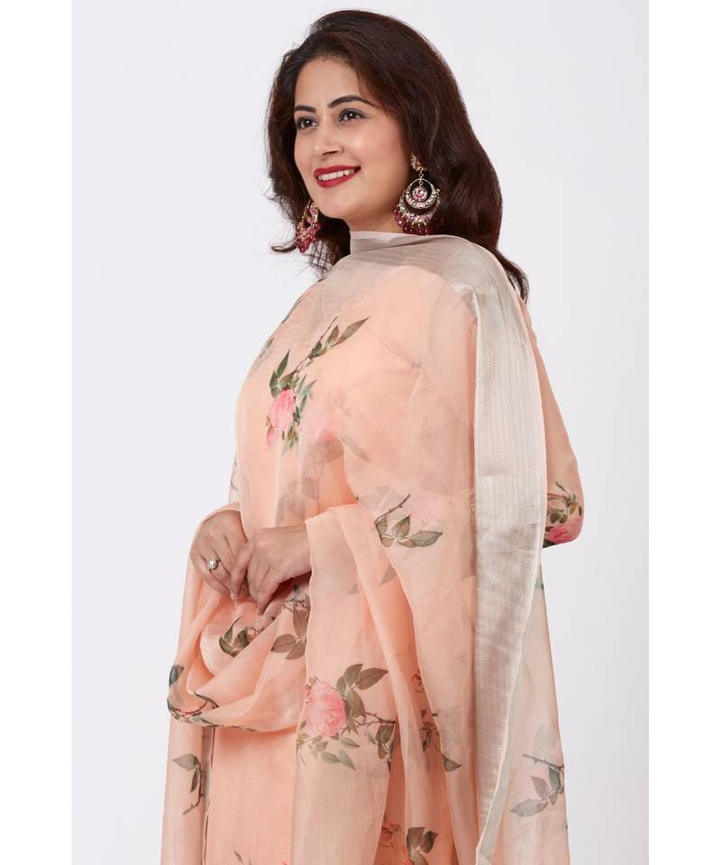 Apricot Printed Straight Kurti With churidar and Printed Organza Dupatta