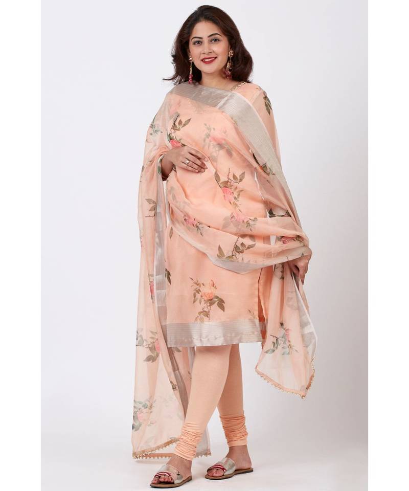 Apricot Printed Straight Kurti With churidar and Printed Organza Dupatta
