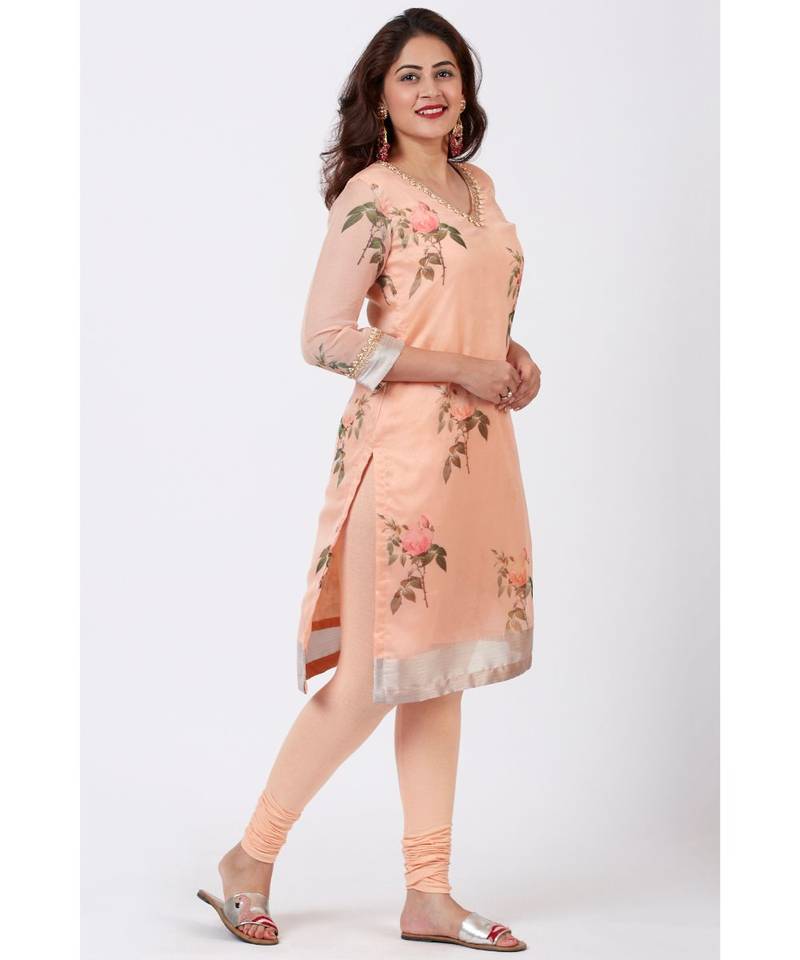 Apricot Printed Straight kurti with Churidar