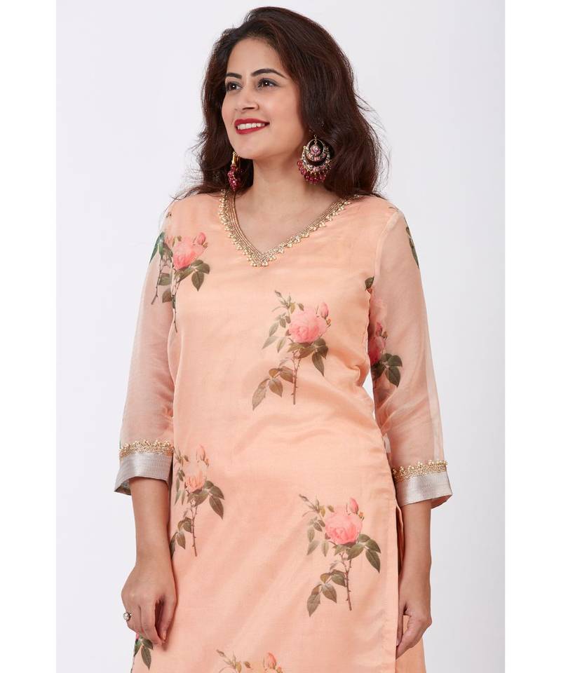 Apricot Printed Straight kurti with Churidar
