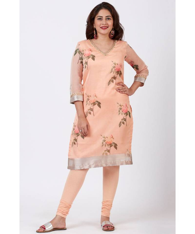 Apricot Printed Straight kurti with Churidar