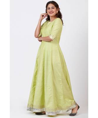 Pista Green Gotta Floor Length Silk Kurti Dress 1