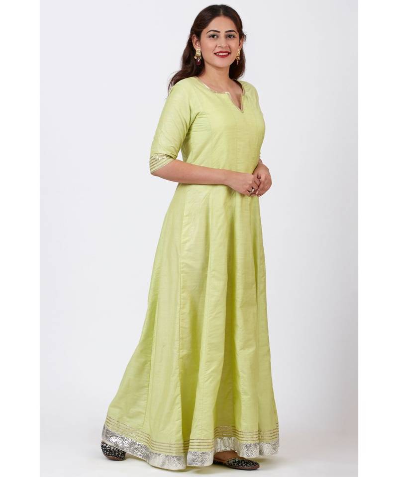 Pista Green Gotta Floor Length Silk Kurti Dress