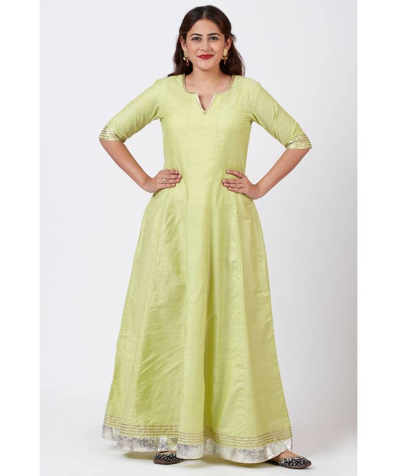Pista Green Gotta Floor Length Silk Kurti Dress