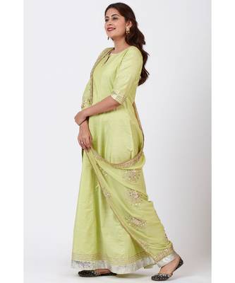 Pista Green Gotta Floor Length Silk Kurti Dress with Gotta Patti Floral Chiffon Dupatta 1