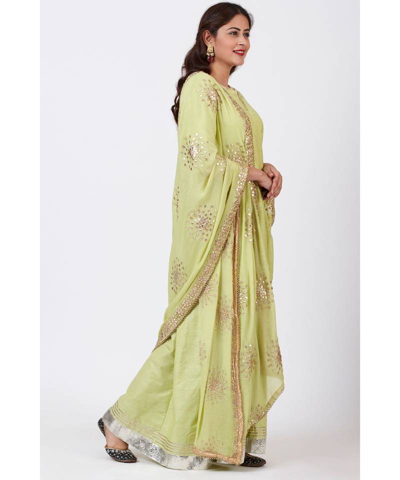 Pista Green Gotta Floor Length Silk Kurti Dress with Gotta Patti Floral Chiffon Dupatta