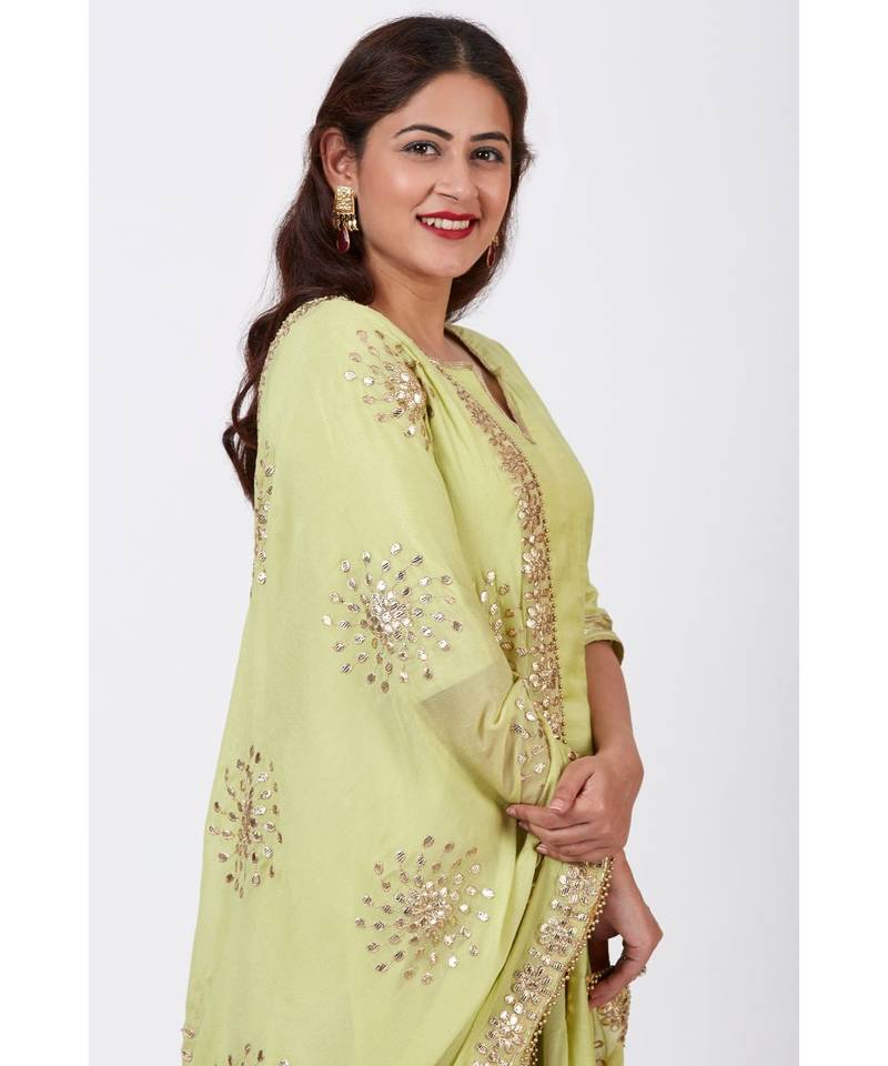 Pista Green Gotta Floor Length Silk Kurti Dress with Gotta Patti Floral Chiffon Dupatta