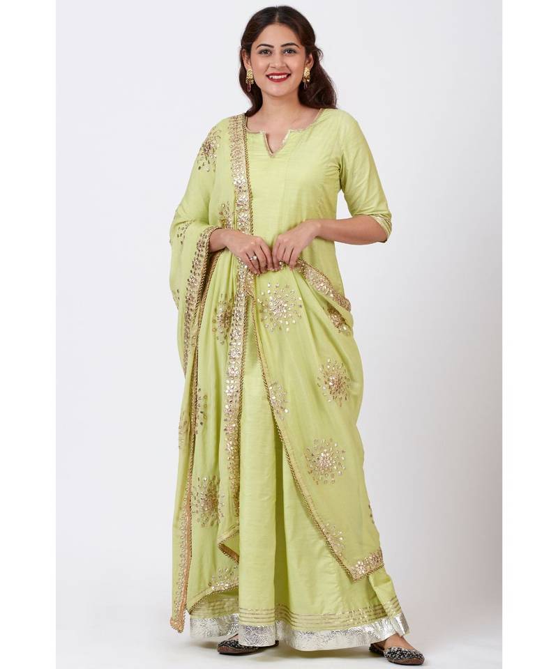Pista Green Gotta Floor Length Silk Kurti Dress with Gotta Patti Floral Chiffon Dupatta