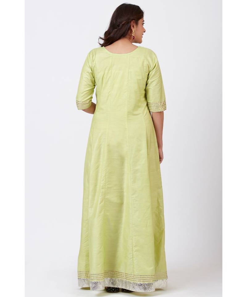 Pista Green Gotta Floor Length Silk Kurti Dress with Gotta Patti Floral Chiffon Dupatta