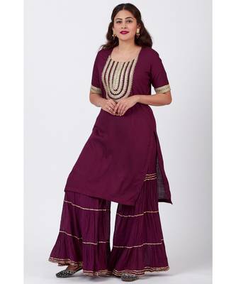 Plum Gotta Patti Embroided Kurti and Crushed Gharara 1