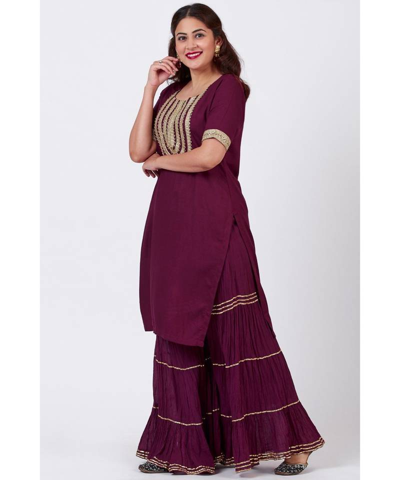 Plum Gotta Patti Embroided Kurti and Crushed Gharara