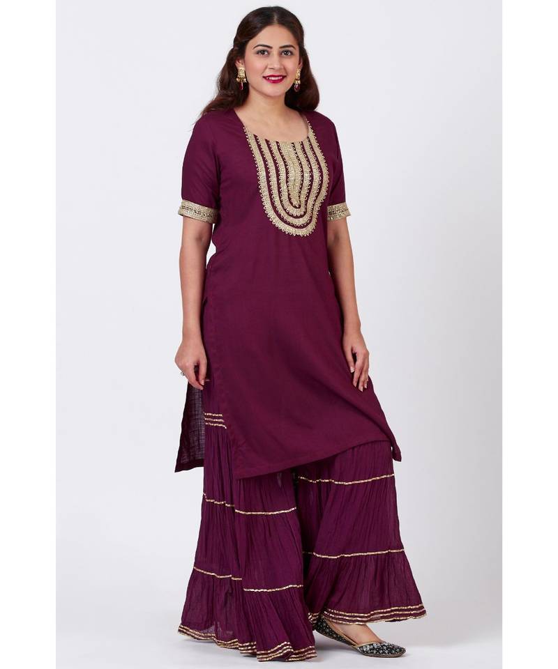 Plum Gotta Patti Embroided Kurti and Crushed Gharara