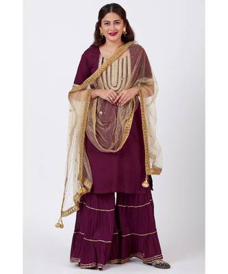 Plum Embroided Kurti Woth Crushed Gharara and  Gold Mirror Net Dupatta 1
