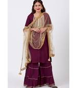 Plum Embroided Kurti Woth Crushed Gharara and  Gold Mirror Net Dupatta