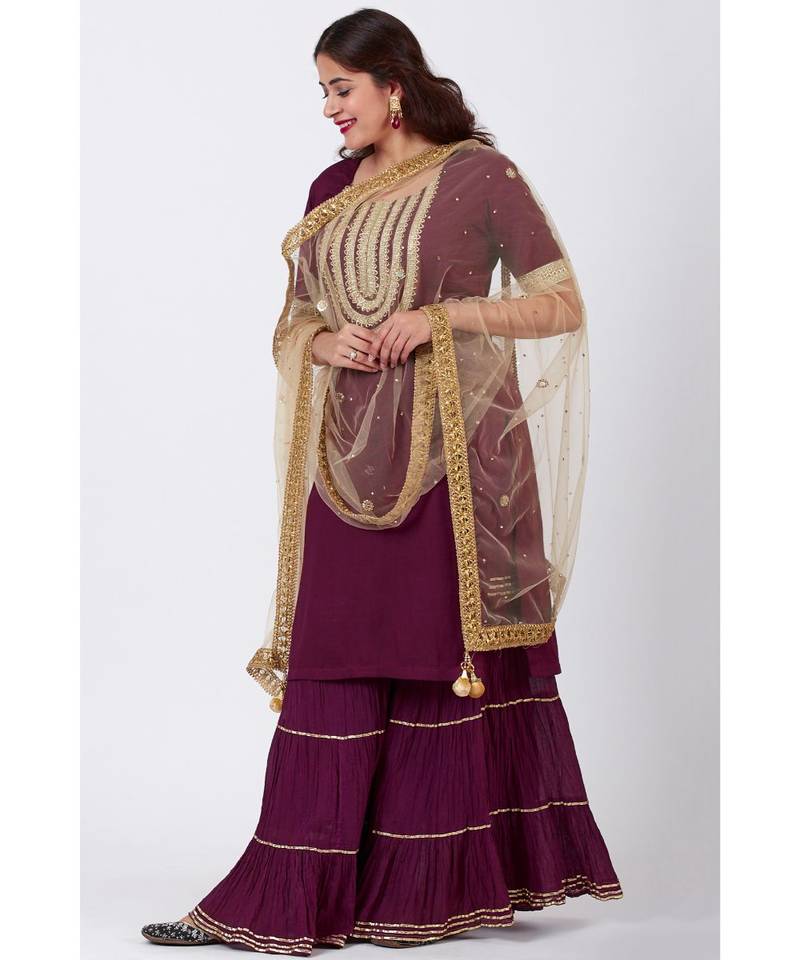 Plum Embroided Kurti Woth Crushed Gharara and  Gold Mirror Net Dupatta
