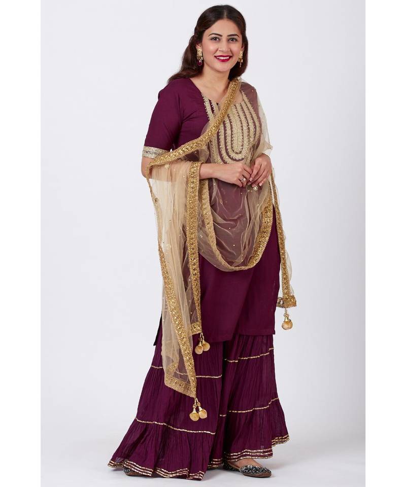 Plum Embroided Kurti Woth Crushed Gharara and  Gold Mirror Net Dupatta