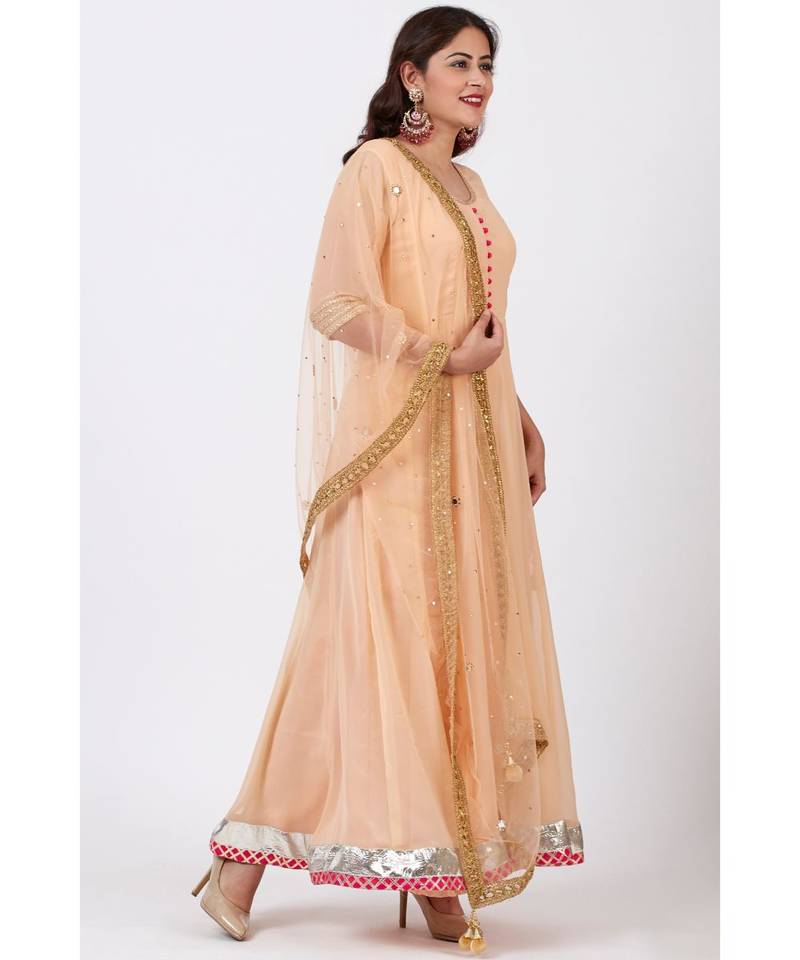 Peach Love Floor Length Anarkali Dress with Peach Mirror Work Dupatta