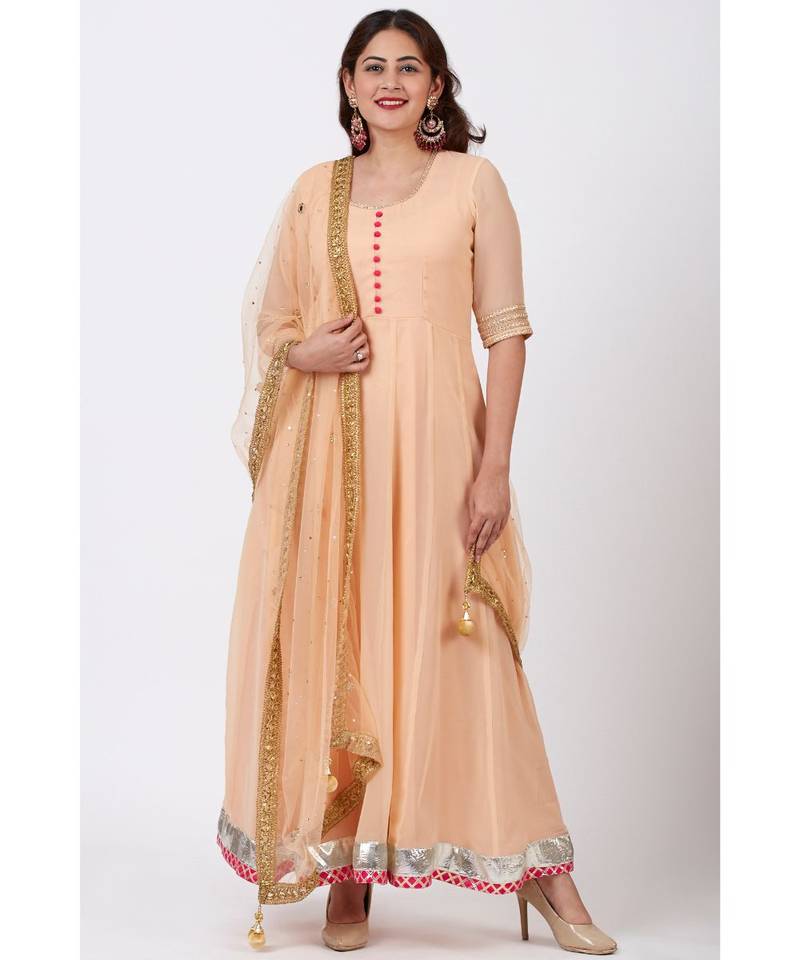 Peach Love Floor Length Anarkali Dress with Peach Mirror Work Dupatta