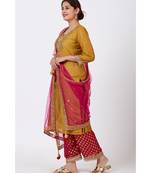 Mellow Mustard Gotta-Patti Embroidered Kurti with Straight Red Banarsi Palazzo and Pink Mirror Stone Dupatta