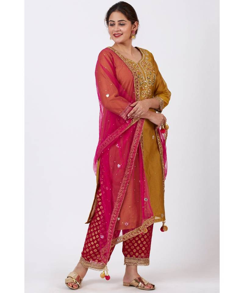 Mellow Mustard Gotta-Patti Embroidered Kurti with Straight Red Banarsi Palazzo and Pink Mirror Stone Dupatta
