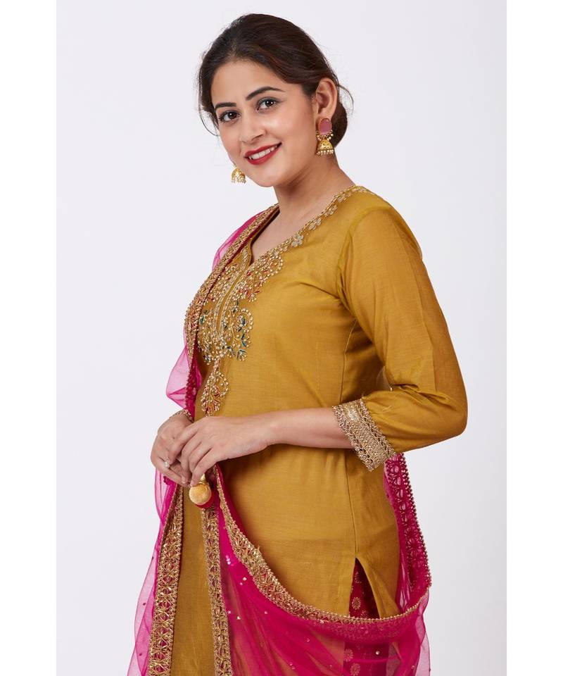 Mellow Mustard Gotta-Patti Embroidered Kurti with Straight Red Banarsi Palazzo and Pink Mirror Stone Dupatta