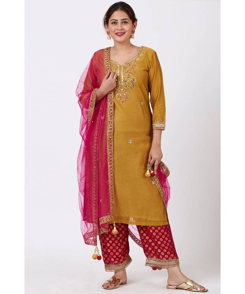 Mellow Mustard Gotta-Patti Embroidered Kurti with Straight Red Banarsi Palazzo and Pink Mirror Stone Dupatta