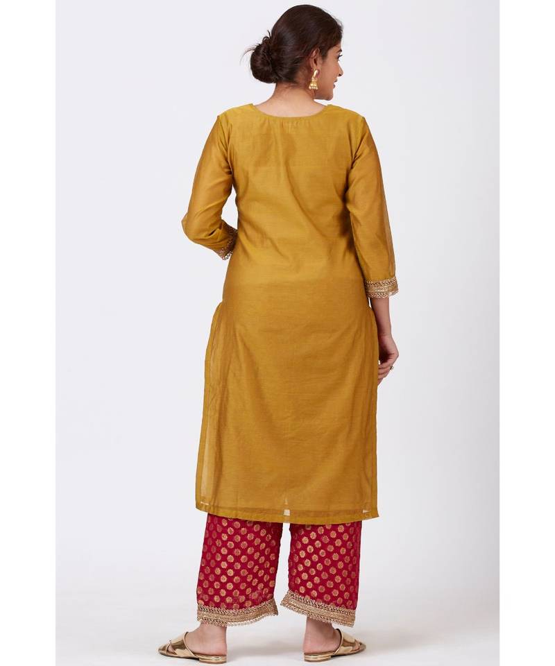 Mellow Mustard Gotta-Patti Embroidered Kurti with Straight Red Banarsi Palazzo and Pink Mirror Stone Dupatta