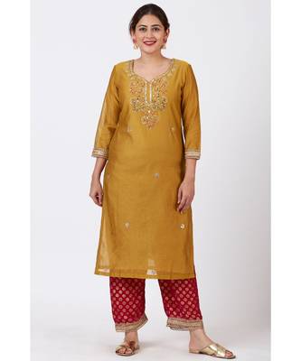 Mellow Mustard Gotta-Patti Embroidered Kurti with Straight Red Banarsi Palazzo 1