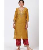 Mellow Mustard Gotta-Patti Embroidered Kurti with Straight Red Banarsi Palazzo