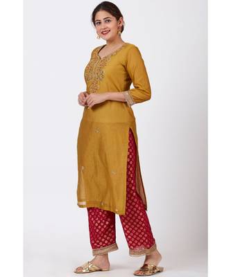 Mellow Mustard Gotta-Patti Embroidered Kurti with Straight Red Banarsi Palazzo 2