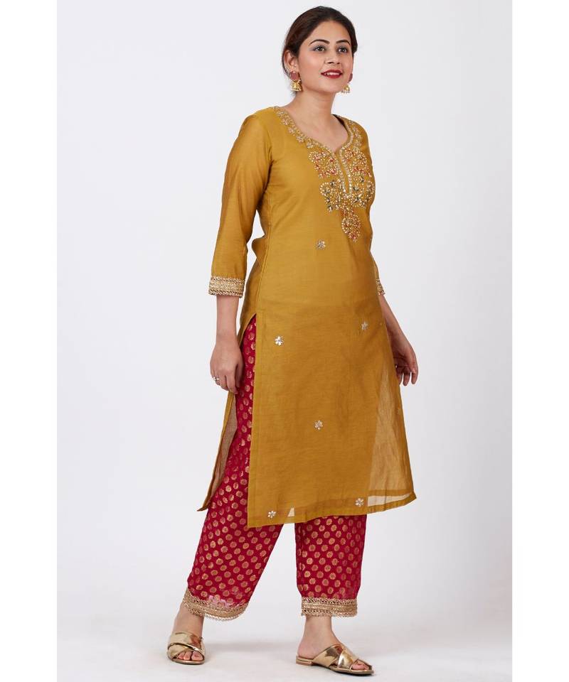 Mellow Mustard Gotta-Patti Embroidered Kurti with Straight Red Banarsi Palazzo