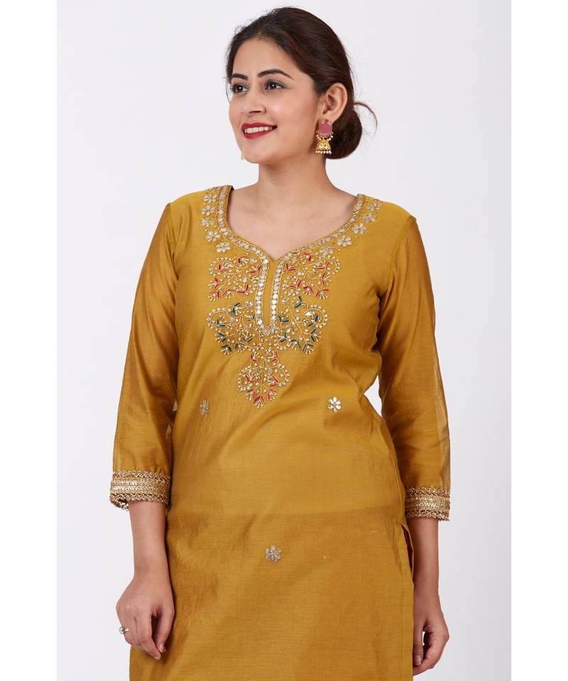 Mellow Mustard Gotta-Patti Embroidered Kurti with Straight Red Banarsi Palazzo