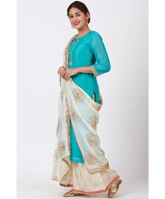 Cyan Gotta Embroidered Kurti with Ivory Foil Printed Palazzo and Gotta Patti Dupatta 1