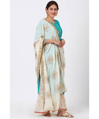 Cyan Gotta Embroidered Kurti with Ivory Foil Printed Palazzo and Gotta Patti Dupatta 2
