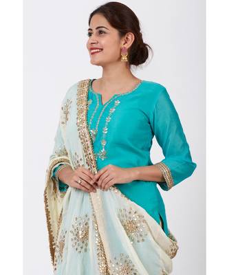 Cyan Gotta Embroidered Kurti with Ivory Foil Printed Palazzo and Gotta Patti Dupatta 3