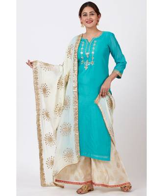 Cyan Gotta Embroidered Kurti with Ivory Foil Printed Palazzo and Gotta Patti Dupatta 4